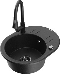 MEXEN/S - Kevin granitový dřez 1 s odkapávačem včetně baterie Elia, černá/stříbrná metalik (6517-73-670101-70-B)