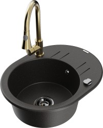 MEXEN/S - Kevin granitový dřez 1 s odkapávačem včetně baterie Elia, černá/zlatá metalik (6517-75-670101-50-B)