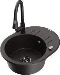 MEXEN/S - Kevin granitový dřez 1 s odkapávačem včetně baterie Elia, černá/zlatá metalik (6517-75-670101-70-B)