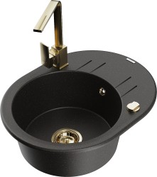 MEXEN/S - Kevin granitový dřez s odkapávačem včetně baterie Rita, černá/zlatá metalik (6517-75-670300-50)