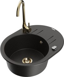 MEXEN/S - Kevin granitový dřez s odkapávačem včetně baterie Telma, černá/zlatá metalik (6517-75-670200-50)