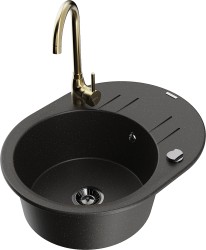 MEXEN/S - Kevin granitový dřez s odkapávačem včetně baterie Telma, černá/zlatá metalik (6517-75-670200-50-B)