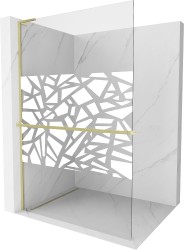 MEXEN/S - Kioto+ L Sprchová zástěna WALK-IN s poličkou a držákem ručníků 120 x 200, bílý vzor, zlatá kartáčovaná (800-120-123-55-85)