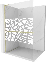 MEXEN/S - Kioto+ L Sprchová zástěna WALK-IN s poličkou a držákem ručníků 90 x 200, bílý vzor, zlatá kartáčovaná (800-090-123-55-85)