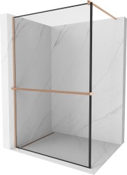 MEXEN/S - Kioto+ Sprchová zástěna s poličkou WALK-IN 130 x 200, černá vzor, měď kartáčovaná (800-130-121-65-70)