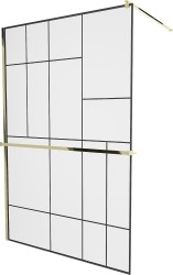 MEXEN/S - KIOTO Sprchová zástěna WALK-IN s poličkou a držákem ručníků 120 x 200, transparent/černá 8 mm, zlatá (800-120-121-50-78)