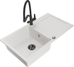 MEXEN/S - Leo granitový dřez 1-miska s odkapávačem včetně baterie Duo, bílá (6501-20-671701-70-B)