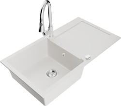 MEXEN/S - Leo granitový dřez 1-miska s odkapávačem včetně baterie Elia, bílá (6501-20-670101-00)