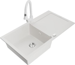 MEXEN/S - Leo granitový dřez 1-miska s odkapávačem včetně baterie Elia, bílá (6501-20-670101-20)