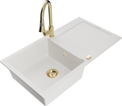 MEXEN/S - Leo granitový dřez 1-miska s odkapávačem včetně baterie Elia, bílá (6501-20-670101-50)