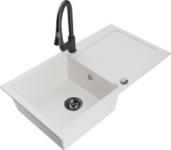 MEXEN/S - Leo granitový dřez 1-miska s odkapávačem včetně baterie Elia, bílá (6501-20-670101-70)