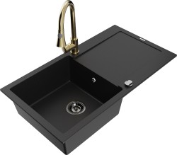 MEXEN/S - Leo granitový dřez 1-miska s odkapávačem včetně baterie Elia, černá (6501-77-670101-50-B)