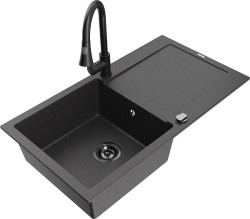 MEXEN/S - Leo granitový dřez 1-miska s odkapávačem včetně baterie Elia, černá kropenatá (6501-76-670101-70-B)