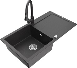 MEXEN/S - Leo granitový dřez 1-miska s odkapávačem včetně baterie Elia, černá kropenatá (6501-76-670101-76)