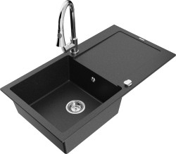 MEXEN/S - Leo granitový dřez 1-miska s odkapávačem včetně baterie Elia, černá/stříbrná metalik (6501-73-670101-00)