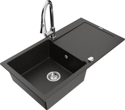 MEXEN/S - Leo granitový dřez 1-miska s odkapávačem včetně baterie Elia, černá/zlatá metalik (6501-75-670101-00)