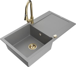 MEXEN/S - Leo granitový dřez 1-miska s odkapávačem včetně baterie Elia, šedá (6501-71-670101-50)