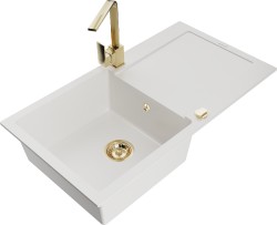 MEXEN/S - Leo granitový dřez 1-miska s odkapávačem včetně baterie Rita, bílá (6501-20-670300-50)