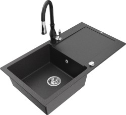 MEXEN/S - Leo granitový dřez 1-miska s odkapávačem včetně baterie Savita, černá kropenatá (6501-76-672601-70)