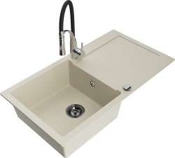 MEXEN/S - Leo granitový dřez 1 s odkapávačem včetně baterie Aster, béžová (6501-69-73450-07-B)