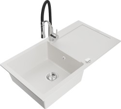 MEXEN/S - Leo granitový dřez 1 s odkapávačem včetně baterie Aster, bílá (6501-20-73450-07)