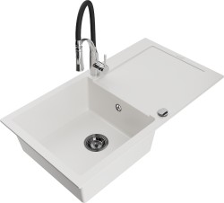 MEXEN/S - Leo granitový dřez 1 s odkapávačem včetně baterie Aster, bílá (6501-20-73450-07-B)