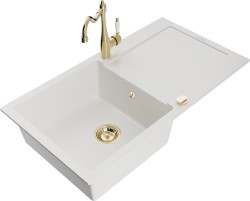 MEXEN/S - Leo granitový dřez 1 s odkapávačem včetně baterie Carla, bílá (6501-20-670700-50)