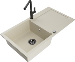 MEXEN/S - Leo granitový dřez 1 s odkapávačem včetně baterie Flora, béžováy (6501-69-670401-70-B)