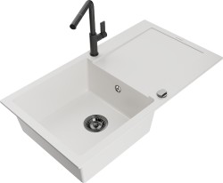 MEXEN/S - Leo granitový dřez 1 s odkapávačem včetně baterie Flora, bílá (6501-20-670401-70-B)