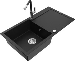 MEXEN/S - Leo granitový dřez 1 s odkapávačem včetně baterie Flora, černá (6501-77-670401-07)