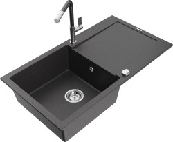 MEXEN/S - Leo granitový dřez 1 s odkapávačem včetně baterie Flora, černá kropenatá (6501-76-670401-08)
