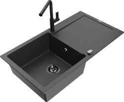 MEXEN/S - Leo granitový dřez 1 s odkapávačem včetně baterie Flora, černá kropenatá (6501-76-670401-70-B)