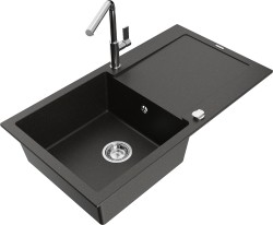 MEXEN/S - Leo granitový dřez 1 s odkapávačem včetně baterie Flora, černá/zlatá metalik (6501-75-670401-00)