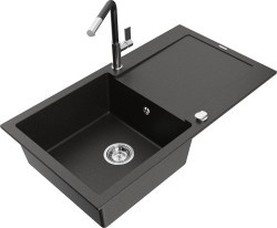 MEXEN/S - Leo granitový dřez 1 s odkapávačem včetně baterie Flora, černá/zlatá metalik (6501-75-670401-07)