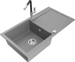 MEXEN/S - Leo granitový dřez 1 s odkapávačem včetně baterie Flora, šedá (6501-71-670401-07)