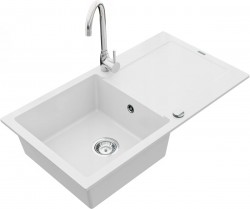 MEXEN/S - Leo granitový dřez 1 s odkapávačem včetně baterie Telma, bílá (6501-20-670200-00)