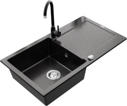 MEXEN/S - Leo granitový dřez 1 s odkapávačem včetně baterie Telma, černá/stříbrný metalik (6501-73-670200-70)