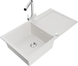 MEXEN/S - Leo granitový dřez s odkapávačem včetně baterie Duero, bílá (6501-20-671600-00)