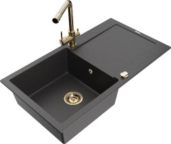 MEXEN/S - Leo granitový dřez s odkapávačem včetně baterie Duero, černá kropenatá (6501-76-671600-50)
