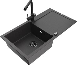 MEXEN/S - Leo granitový dřez s odkapávačem včetně baterie Duero, černá kropenatá (6501-76-671600-70-B)