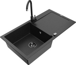 MEXEN/S - Leo granitový dřez s odkapávačem včetně baterie Telma, černá/stříbrná metalik (6501-73-670200-70-B)