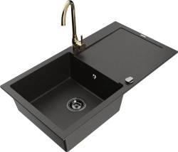 MEXEN/S - Leo granitový dřez s odkapávačem včetně baterie Telma, černá/zlatá metalik (6501-75-670200-50-B)