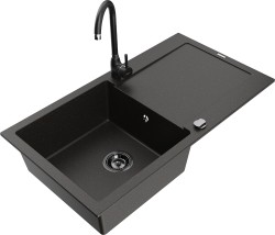 MEXEN/S - Leo granitový dřez s odkapávačem včetně baterie Telma, černá/zlatá metalik (6501-75-670200-70-B)