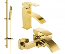 MEXEN/S - Libra DQ77 Set umyvadlové a vanové baterie s příslušenstvím, zlato (745103DQ77-50)