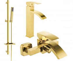 MEXEN/S - Libra DQ77 Set umyvadlové a vanové baterie s příslušenstvím, zlato (745113DQ77-50)