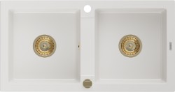 MEXEN/S - Mario granitový dřez 2-bowl 820x436 mm,bílá,+ zlatý sifon (6504822000-20-G)
