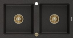 MEXEN/S - Mario granitový dřez 2-bowl 820x436 mm, černá/zlatá metalik,+ zlatý sifon (6504822000-75-G)