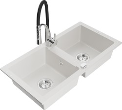 MEXEN/S - Mario granitový dřez 2-bowl včetně baterie Aster, bílá (6504-20-73450-07)