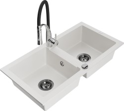 MEXEN/S - Mario granitový dřez 2-bowl včetně baterie Aster, bílá (6504-20-73450-07-B)