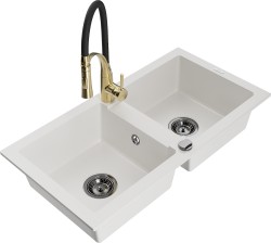 MEXEN/S - Mario granitový dřez 2-bowl včetně baterie Aster, bílá (6504-20-73450-57-B)